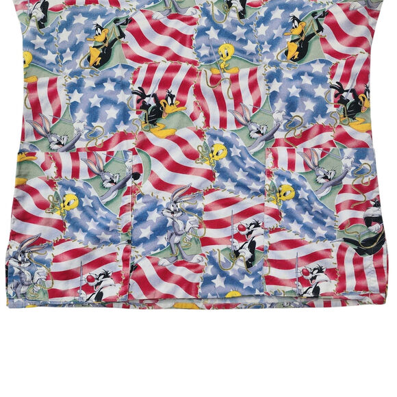Looney Tunes Scrub Top USA Flag Bugs Bunny Tweety Sylvester Daffy Size Small HTF - Picture 5 of 7